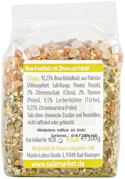 Salzkristalle Reines Rosa (bekannt als Himalaya Salz) mit Kräuter und Zitrone 300 Gramm Beutel