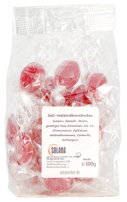 ZUCKERFREIE SALZBONBONS MIT ROSA-KRISTALLSALZ-SOLE - WALDERBEERE  100g