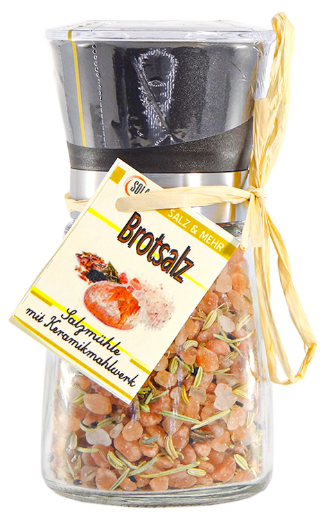 AVANGARDE SALZ-MÜHLE - ROSA KRISTALLSALZ (bekannt als Himalaya Salz) - BROTSALZ -  mit Schwarzkümmel, Kümmel, Anis, Fenchel, Rosmarin 180 Gramm