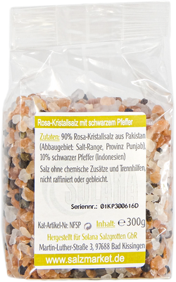 Salzkristalle Reines Rosa (bekannt als Himalaya Salz) mit schwarzem Pfeffer 300 Gramm Beutel