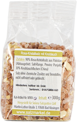 Salzkristalle Reines Rosa (bekannt als Himalaya Salz) mit Knoblauch 300 Gramm Beutel
