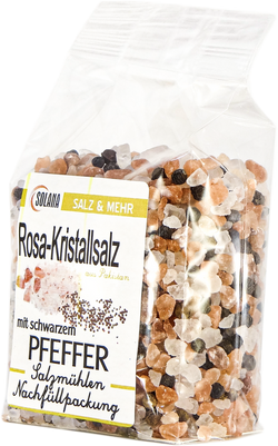 Salzkristalle Reines Rosa (bekannt als Himalaya Salz) mit schwarzem Pfeffer 300 Gramm Beutel