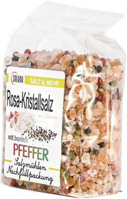 Salzkristalle Reines Rosa (bekannt als Himalaya Salz) mit buntem Pfeffer 300 Gramm Beutel
