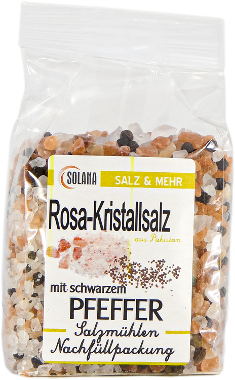 Salzkristalle Reines Rosa (bekannt als Himalaya Salz) mit schwarzem Pfeffer 300 Gramm Beutel