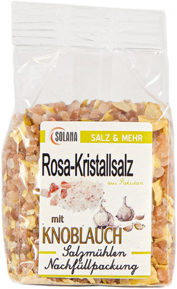 Salzkristalle Reines Rosa (bekannt als Himalaya Salz) mit Knoblauch 300 Gramm Beutel