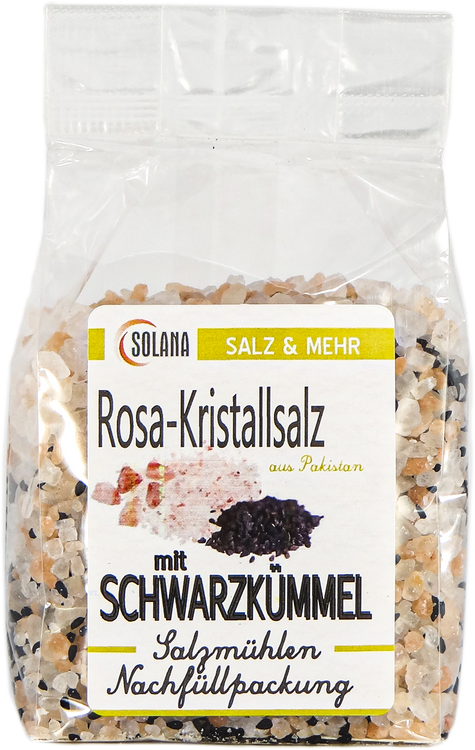 SALZKRISTALLE REINES ROSA ( bekannt als Himalaya Salz) MIT SCHWARZKÜMMEL 300 Gramm Beutel