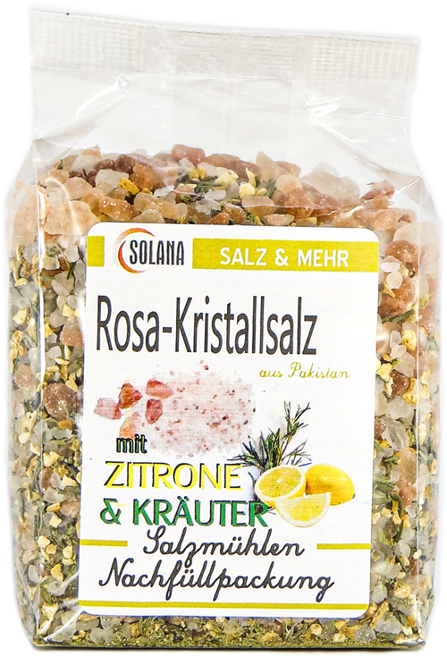 Salzkristalle Reines Rosa (bekannt als Himalaya Salz) mit Kräuter und Zitrone 300 Gramm Beutel