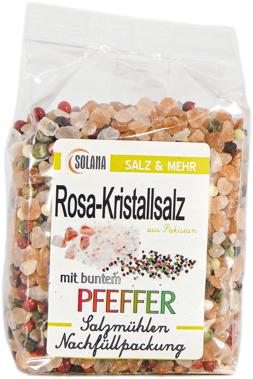 Salzkristalle Reines Rosa (bekannt als Himalaya Salz) mit buntem Pfeffer 300 Gramm Beutel